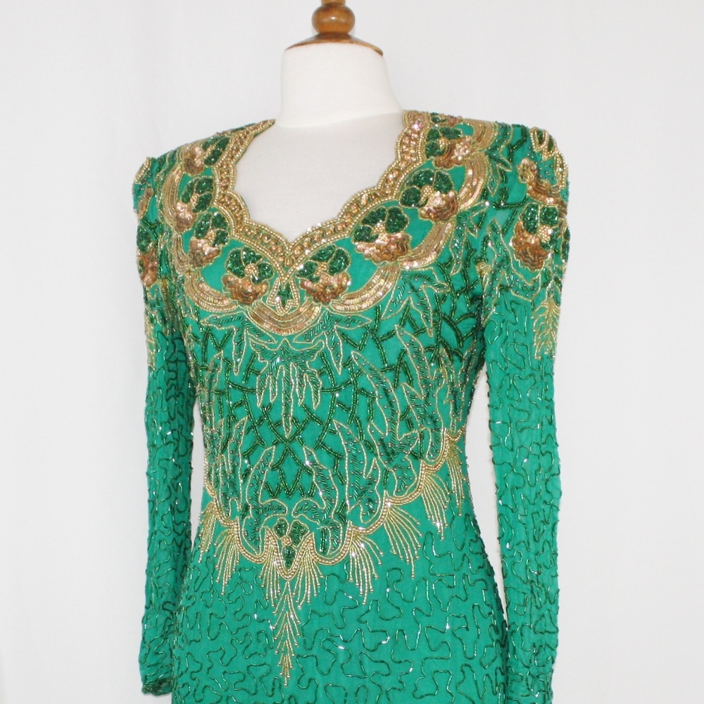 JASDEE Vintage Long Sleeve Dress Hand Work Bead & Sequins On Silk Style 5076